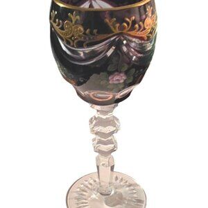 Bohemian Cut To Clear Crystal Hand Painted Goblet With Gold Trim & Floral Detail